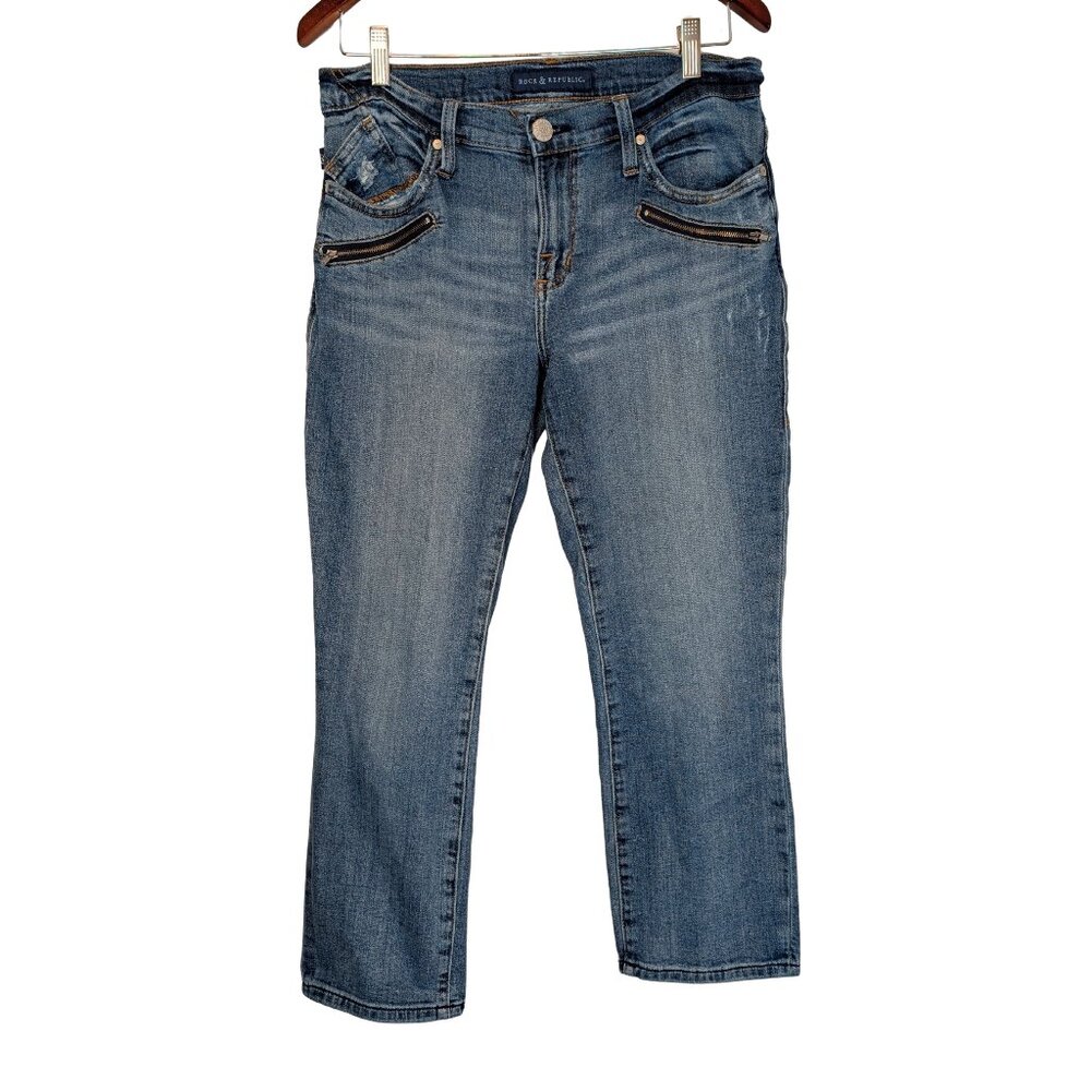 Rock & Republic Women's Jeans 10 Kendall Cropped Medium Wash Zip Pocket Denim